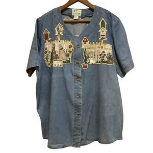 Quacker Factory Denim Shirt Button Front Size 1X‎ Embroidered Cats Garden XL